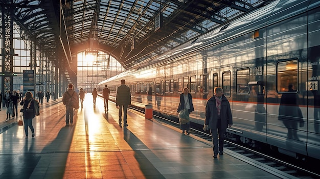 A group of people walking towards a train at a train station generative ai image