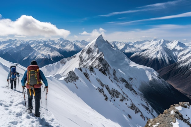 Group of People Walking Up Snow Covered Mountain