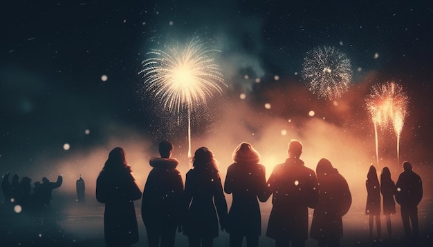 Photo a group of people watch fireworks with a bright fireworks background