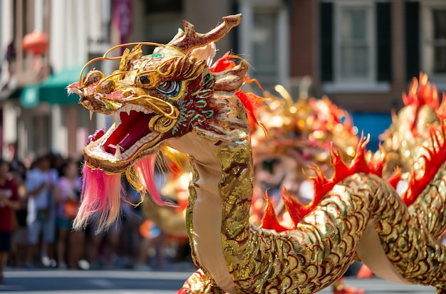 Group of People Watching Dragon Dance at a Festive Celebration