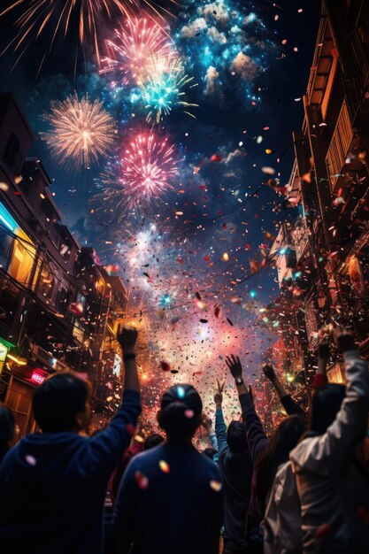 Group of people watching fireworks in the night sky New Year celebration