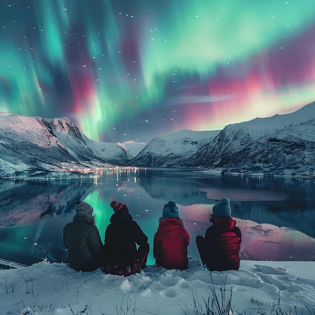 Group of people watching the northern lights Aurora Borealis The beautiful and magical of the North