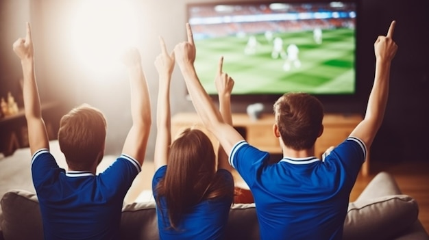 A group of people watching a sports game on a tv