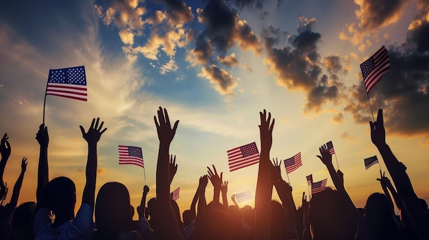 Group of People Waving American Flags in Back Lit generative ai