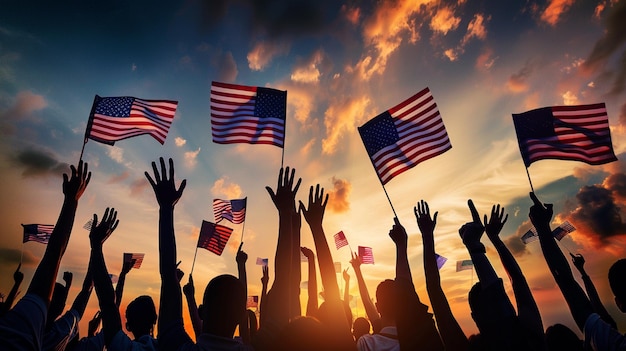 Group of People Waving American Flags at Sunset generative ai