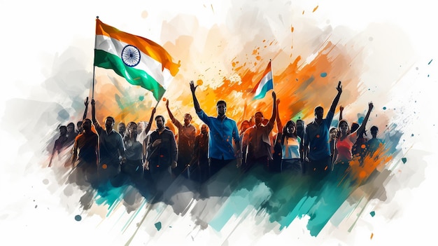 Group of People Waving Indian Flags in Back Lit