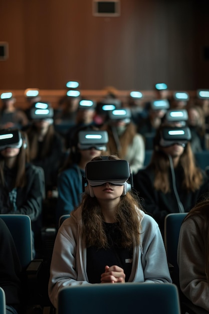 Group of people wear VR headsets in a rustic theater Students learn with immersive tech in a