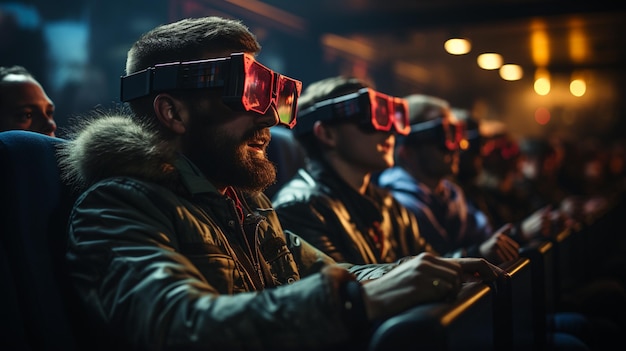 Group of people wearing 3dglasses watching a movie in cinema