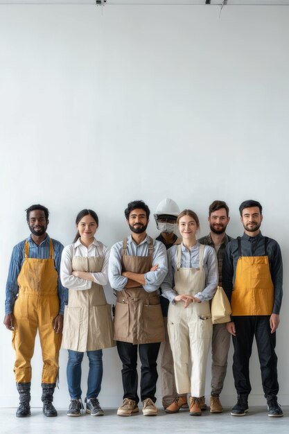 Photo a group of people wearing aprons and standing in front of a white wall