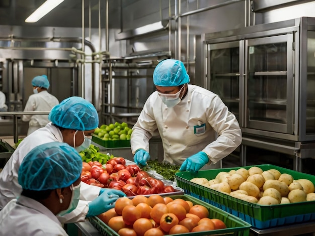 a group of people wearing blue gloves are working in a kitchen