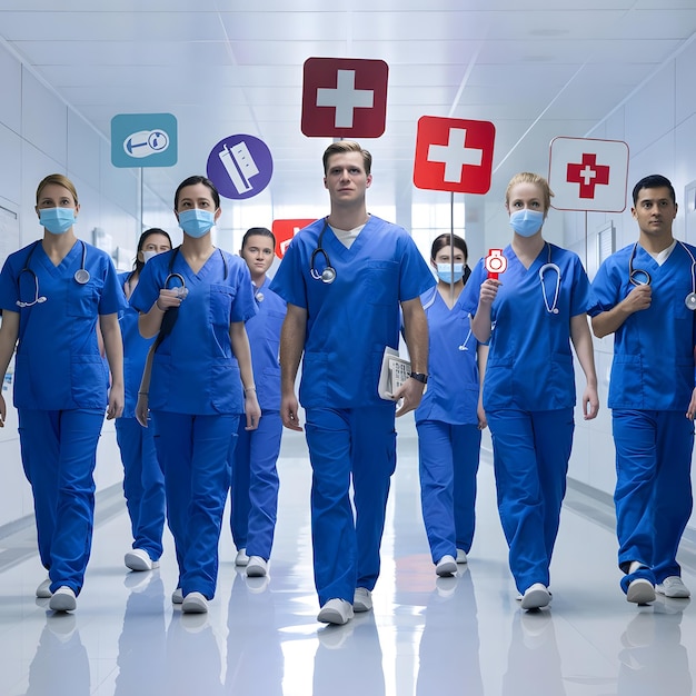 a group of people wearing blue uniforms and masks walk through a room with medical signs and medical