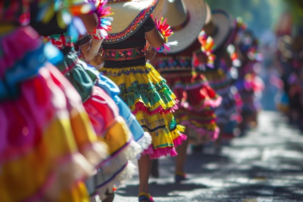 A group of people wearing colorful clothing and hats are marching down a street