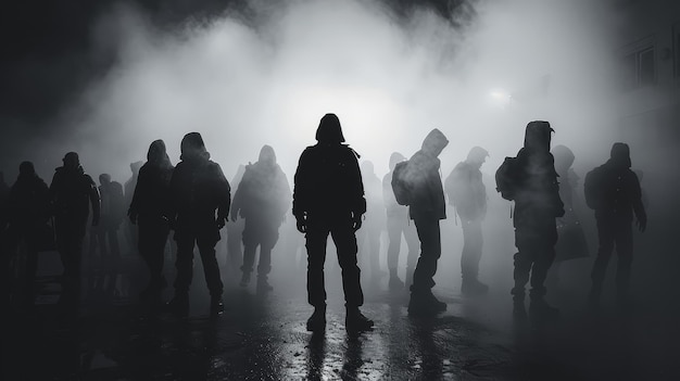 A group of people wearing gas masks and standing in a dark smoky environment