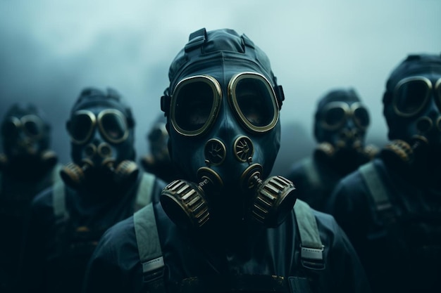 a group of people wearing gas masks with their hands in the air.