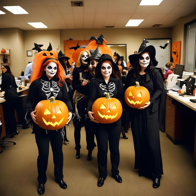 a group of people wearing halloween pumpkins are posing for a photo