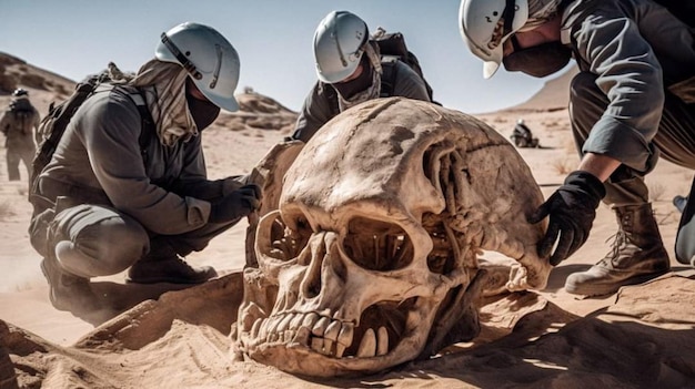 A group of people wearing helmets are looking at a skull in the desert.