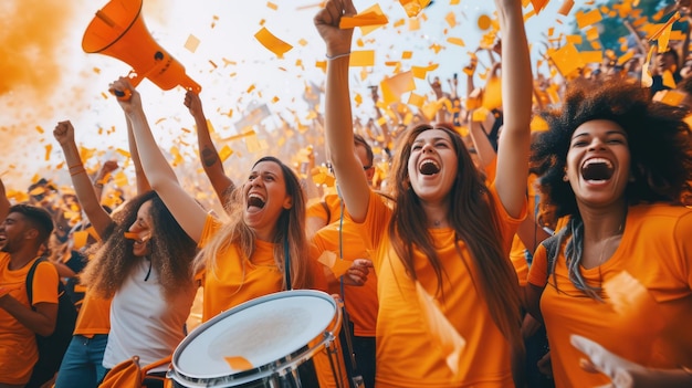 A group of people wearing orange shirts are standing in a crowd AIG41