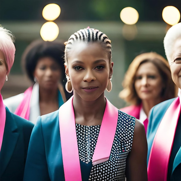 A group of people wearing pink ribbons and one of them has the words cancer awareness on it