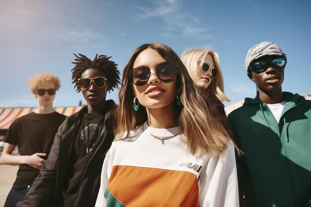 Photo a group of people wearing sunglasses stand in front of a large crowd