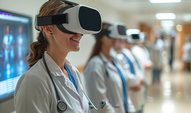 a group of people wearing virtual reality glasses are in a room with other people wearing white uniforms