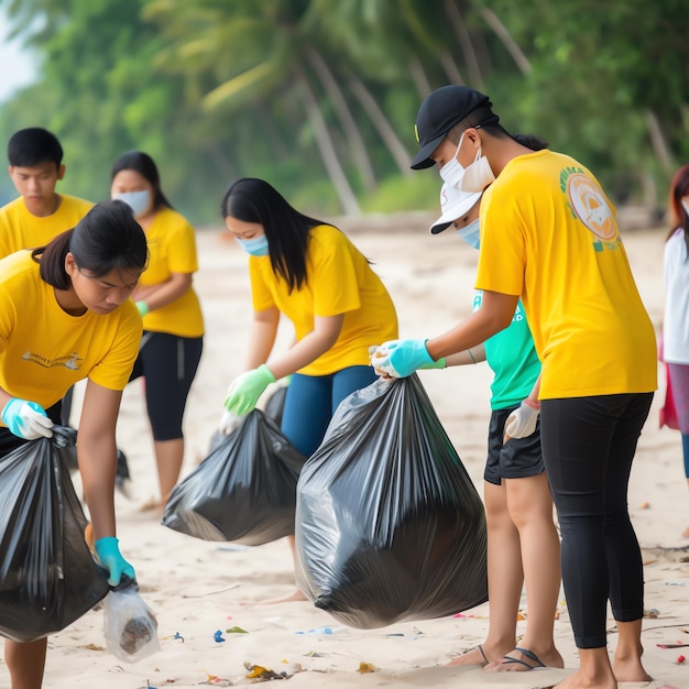 A group of people wearing yellow shirts and gloves are picking up trash from a beach