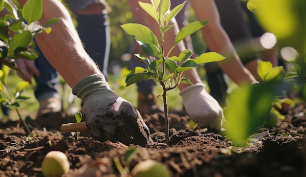 A group of people were planting trees in the park wearing gloves and work with white shoes on their feet holding shovels to plant tree seedlings