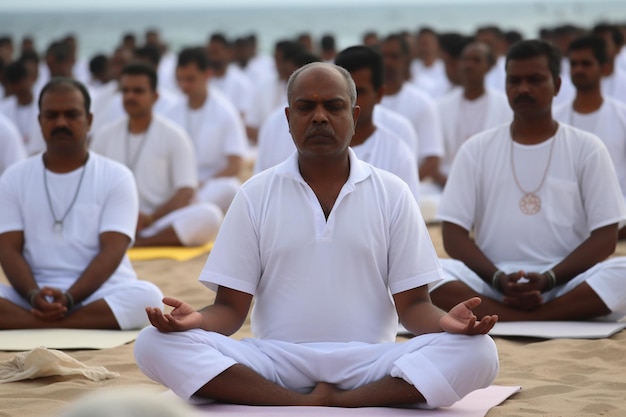 A group of people in white clothes meditating on a beach International Day of Yoga