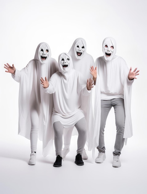 Group of people in white ghost veil halloween costumes posing on white background