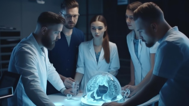 A group of people in white lab coats stand around a table with a glass skull in the middle.