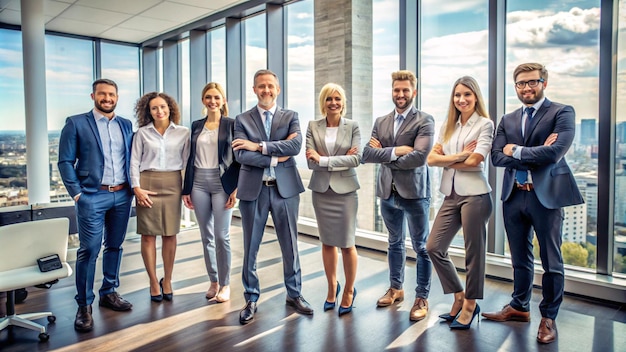 Photo a group of people with arms crossed in front of a window