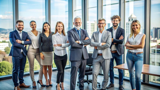 a group of people with arms crossed in front of a window