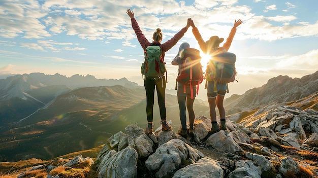 a group of people with backpacks standing on a mountain top with the sun behind them