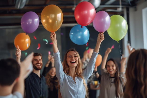 a group of people with balloons in the air one of them holding a string of balloons that says  happy birthday