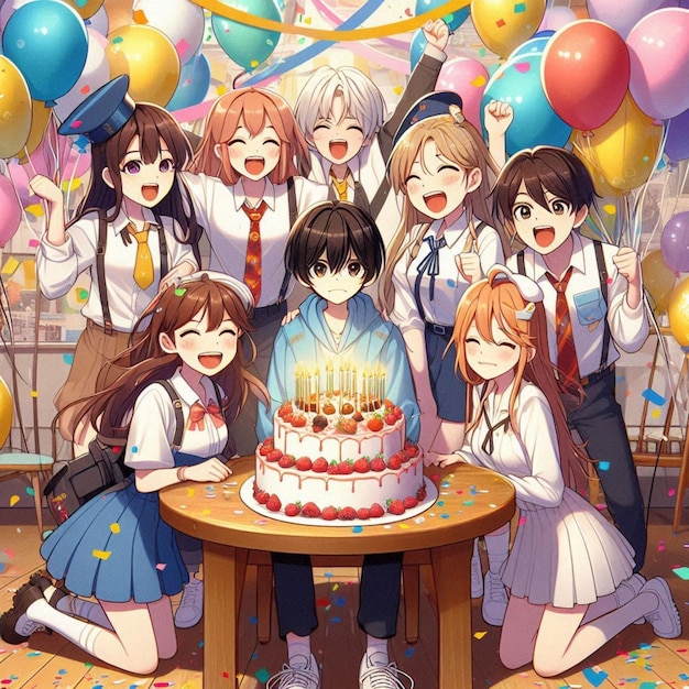 a group of people with balloons and a cake with the number 3 on it