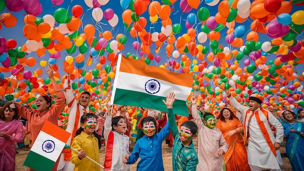 a group of people with balloons and one of them is holding a flag that says quot national quot