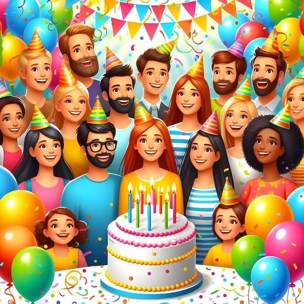 group of people with a birthday cake with a number of people on it