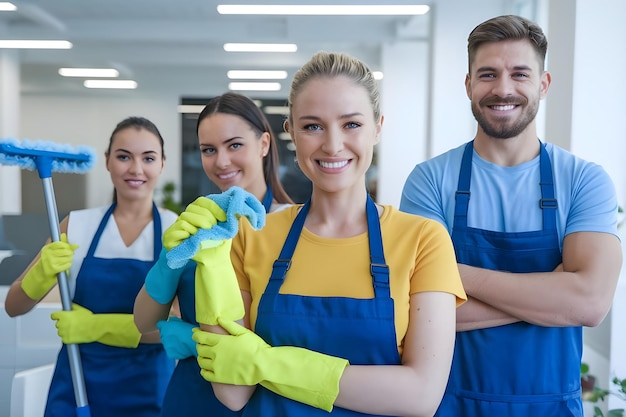 a group of people with blue aprons and gloves with one that says quot were in the middle quot