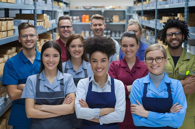 a group of people with blue aprons with one wearing a blue apron