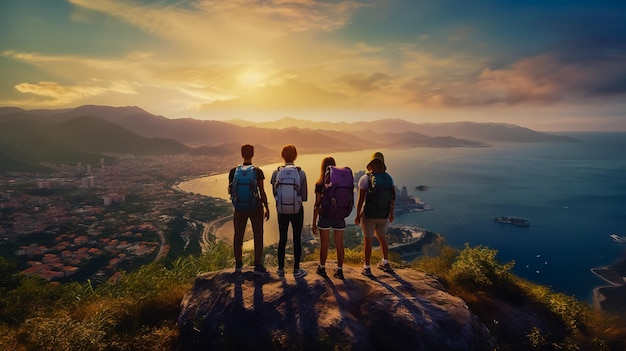 A group of people with colored backpacks stand on top of a cliff overlooking the sea in the city