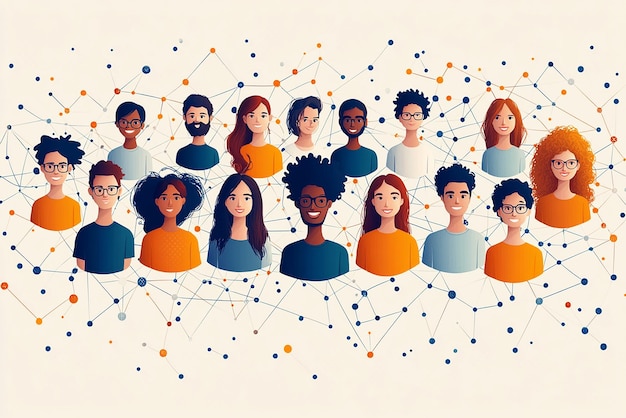 a group of people with different colored shirts with social network community vector