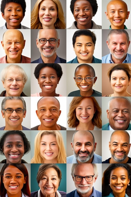 Group of people with different facial expressions and hair styles all smiling and looking at the camera Generative AI