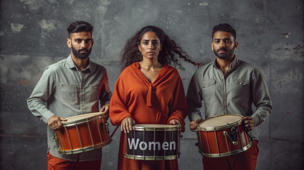 Photo a group of people with drums and the word women on them