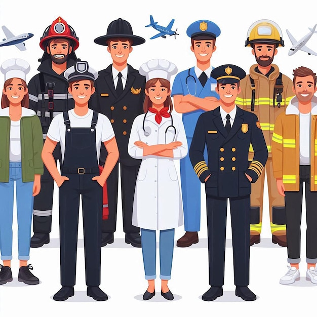 Photo a group of people with a fireman and a woman in a white coat