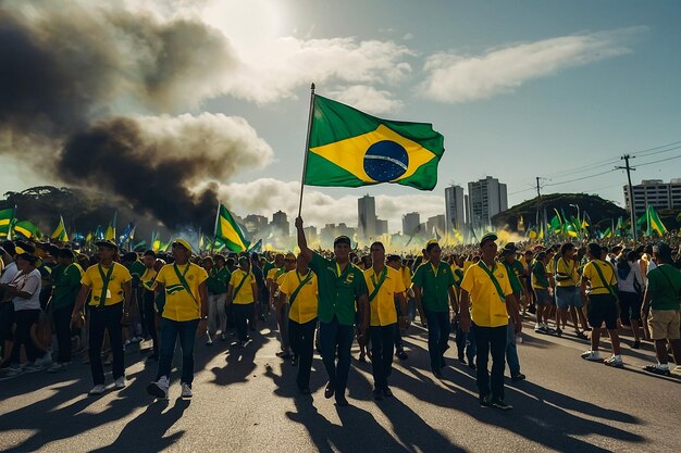 Photo a group of people with a flag and a city in the background