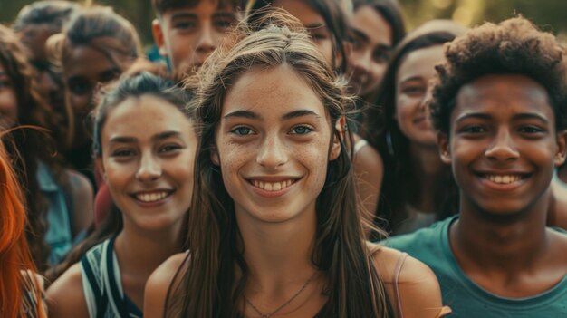 a group of people with a girl smiling and smiling