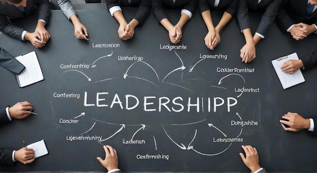 Photo a group of people with hands in front of a blackboard that says lead and the word leader