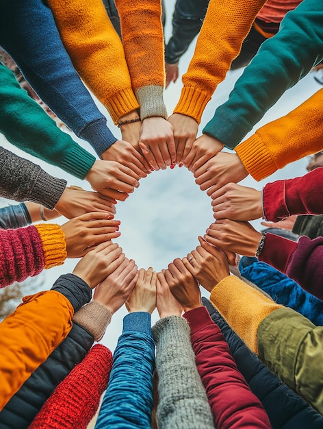 Photo group of people with hands together in a circle