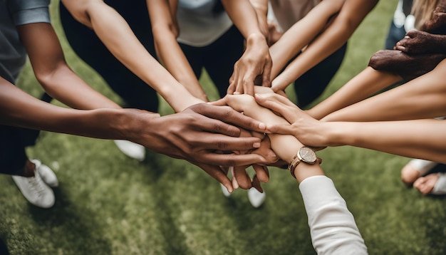 a group of people with hands together with one that says  hands together