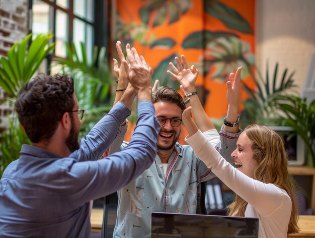 Photo a group of people with hands up in the air