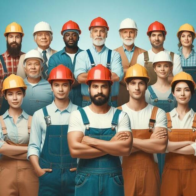 a group of people with hard hats and blue overalls